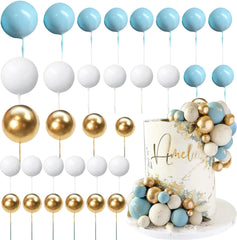 30Pcs Blue White Gold Balls Cake Toppers Bear Theme Birthday Cake Decoration for Wedding Baptism Cupcake Insert Cake Topper Ball