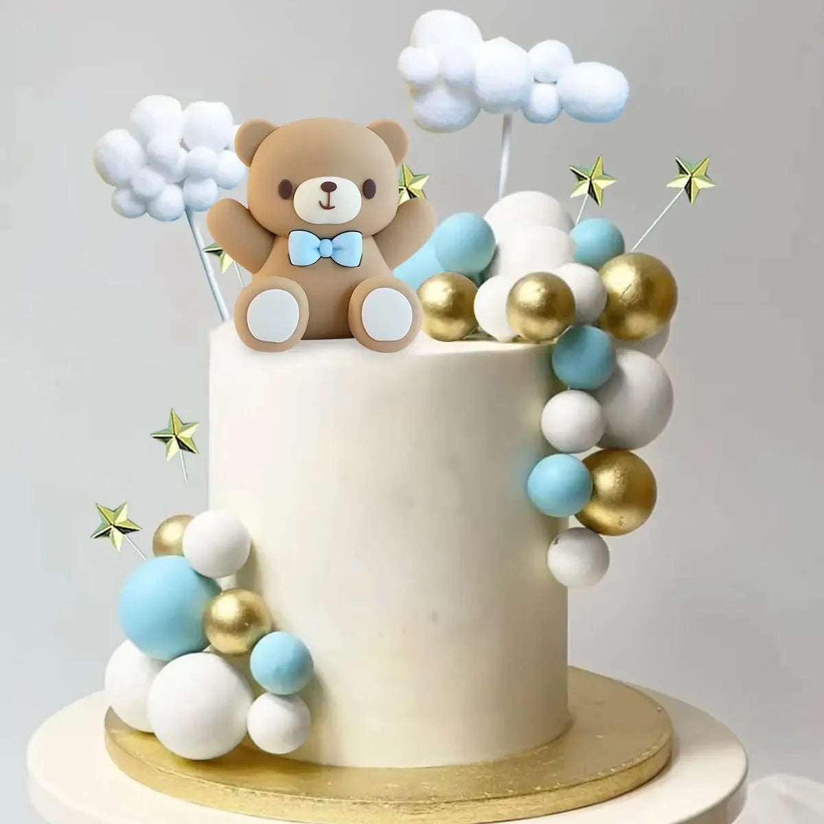 30Pcs Blue White Gold Balls Cake Toppers Bear Theme Birthday Cake Decoration for Wedding Baptism Cupcake Insert Cake Topper Ball