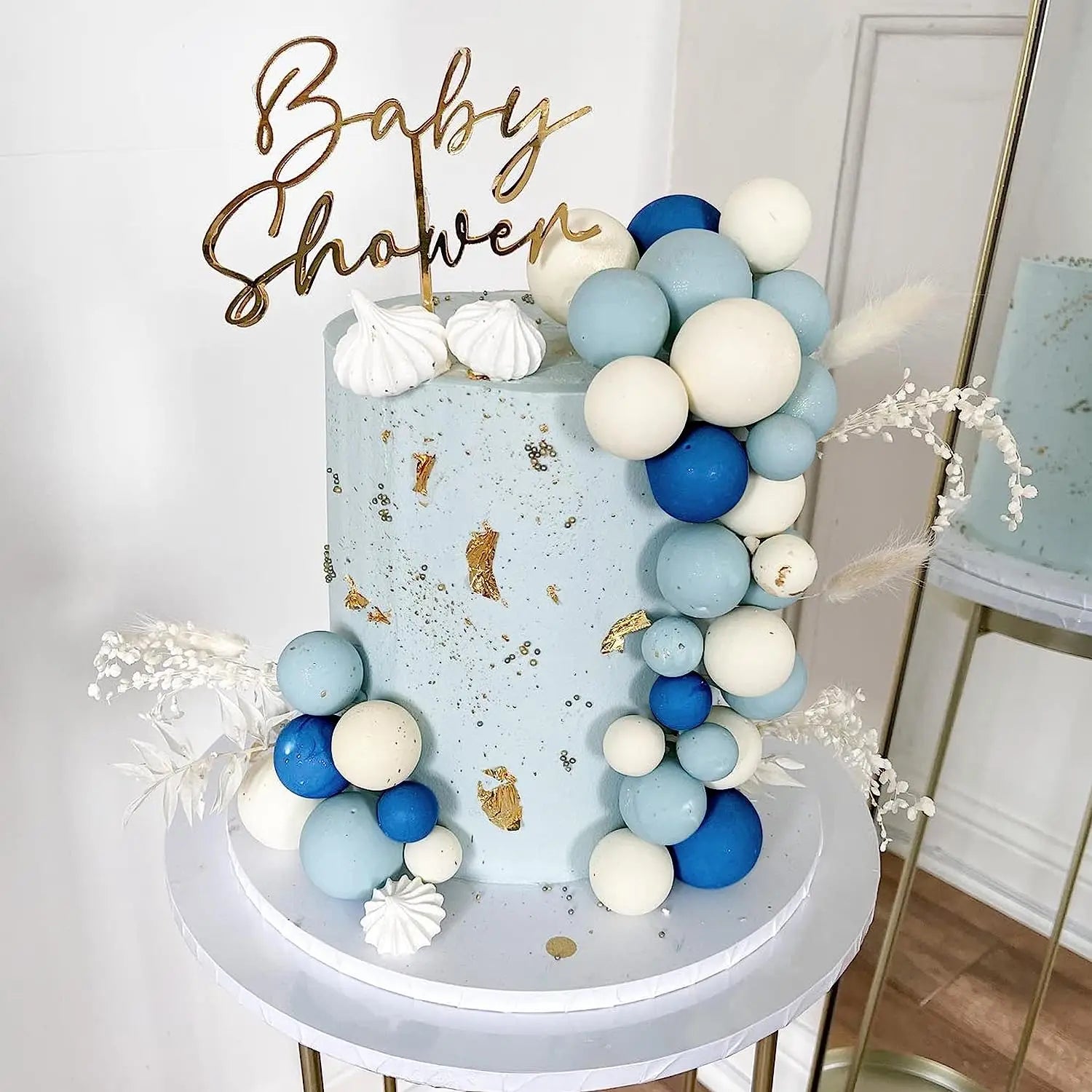 30Pcs Blue White Gold Balls Cake Toppers Bear Theme Birthday Cake Decoration for Wedding Baptism Cupcake Insert Cake Topper Ball