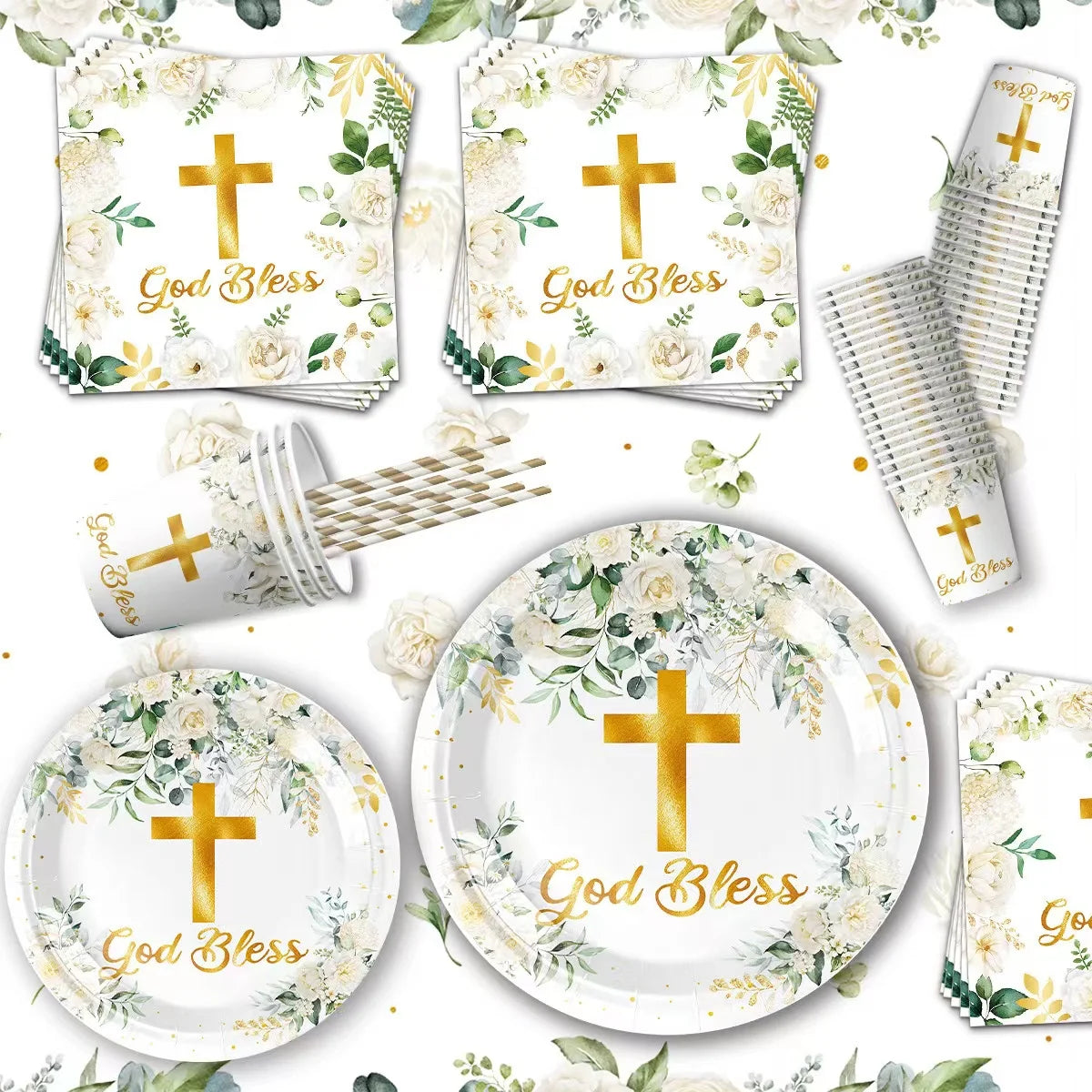 Baptism Holy Communion Religious God Bless Theme Party Supplies Disposable Flower Cross Tableware Backgrounds Baby Shower Decor