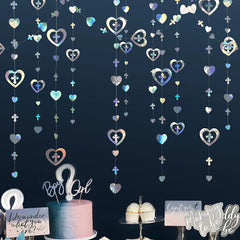 Regnskimrande kors Hjärta Girlander Fest Dop Bröllop Födelsedagsdekorationer för pojkar Flickor Dop Baby Shower Papperstillbehör