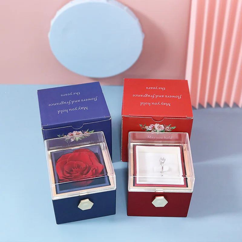 360 Degree Rotatable Preserved Real Rose Ring Box Necklace Jewelry Valentine Forever Roses Case For Proposal Wedding Gift