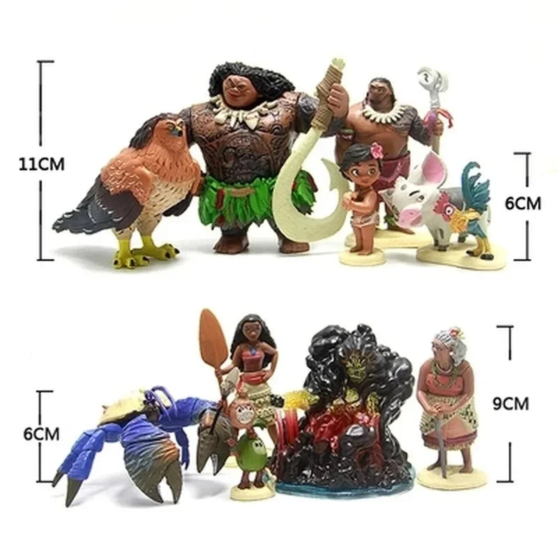 10pcs Disney Movie Moana Princess Legend Vaiana Maui Chief Tui Tala Waialiki Heihei Pua Action Figure Decor Model Toys Kids Gift