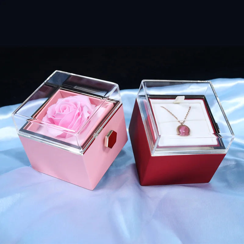 360 Degree Rotatable Preserved Real Rose Ring Box Necklace Jewelry Valentine Forever Roses Case For Proposal Wedding Gift