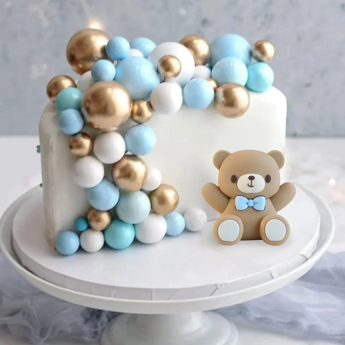 30Pcs Blue White Gold Balls Cake Toppers Bear Theme Birthday Cake Decoration for Wedding Baptism Cupcake Insert Cake Topper Ball