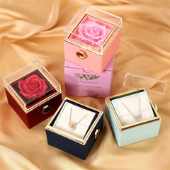 360 Degree Rotatable Preserved Real Rose Ring Box Necklace Jewelry Valentine Forever Roses Case For Proposal Wedding Gift